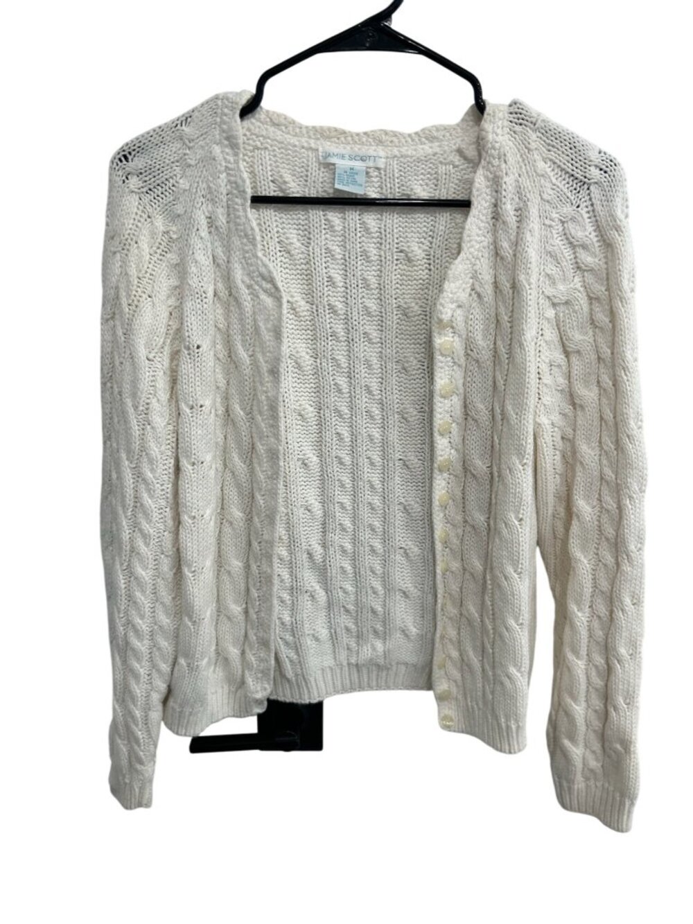 Jamie Scott Medium White Cable Knit Button Cardigan Cozycore Classic Academia